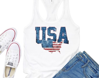 USA Tank Top - Patriotic Shirt - 4th of July - Faux Sequin Glitter
