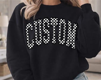 Personalized Checkered Sweatshirt, Custom Mascot Crewneck, School Spirit, Team Name, Game Day Gift
