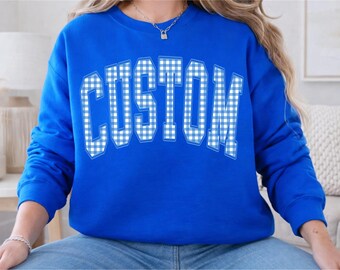 Personalized Gingham Sweatshirt, Custom Mascot Crewneck, School Spirit Shirt, Team Name Gift, Game Day Sweatshirt
