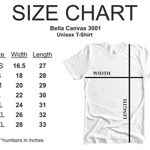 May include: Size chart for a Bella Canvas 3001 unisex t-shirt. The chart shows the width and length in inches for sizes XS to 3XL.