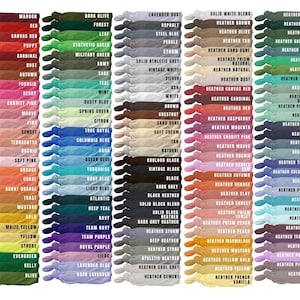 May include: A chart of 100 different colors of t-shirt fabric, including solid colors and heathers. The colors are arranged in columns and rows, with the names of each color listed below each swatch.