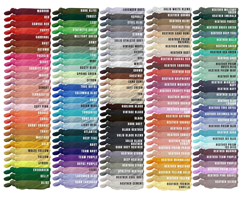 May include: A chart of 100 different colors of t-shirt fabric, including solid colors and heathers. The colors are arranged in columns and rows, with the names of each color listed below each swatch.
