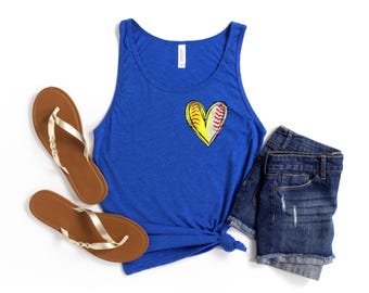 Baseball and Softball Mom - Baseball Mom - Softball Mom - Half Softball Half Baseball Heart Tank Top - Gift for Mom