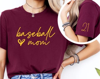 Custom Baseball Mom Shirt with Player Number Sleeve, Personalized Baseball Mom Tee, Game Day Baseball Mom Shirt, Baseball Mom Gift