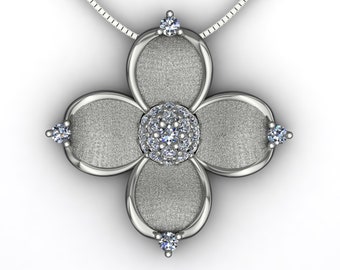 Diamond Dogwood Flower Pendant with Pavé Center on 14k White Gold Box Chain Necklace - An Original Design by Charles Babb