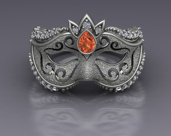 Pear Cut Spessartite Garnet Venetian Carnival Mask Ring with Diamond Edges - 14k White Gold - An Original Design by Charles Babb