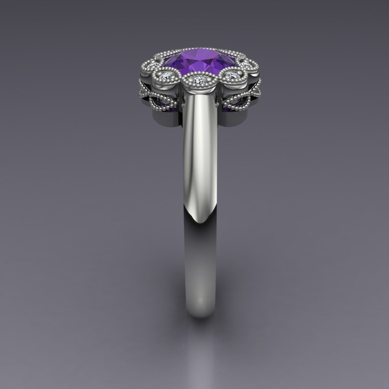 Amethyst and Diamond Flower Ring with Backset Bezel in 14k White Gold An Original Design by Charles Babb image 3
