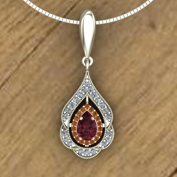 Rhodolite Garnet Pendant Pear Double Halo Cognac Diamonds - Charles Rose Diamond Pendant Rhodolite Garnet Pendant Pear Double Halo Cognac Diamonds - Charles Rose Diamond Pendant