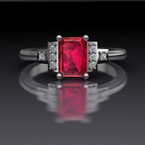 Emerald Cut Lab Created Ruby and Diamond Ring with Tiered Panels in 14k White Gold - An Original Design by Charles Babb