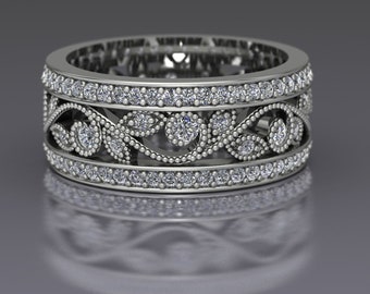 Floral Diamond Wedding Eternity Band with Diamond Border Leaf and Vine in 14k White Gold or Platinum - An Original Design by Charles Babb