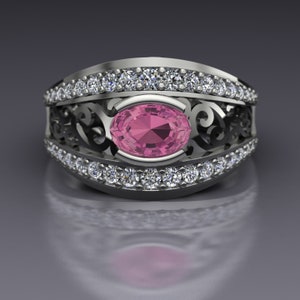 Sideways Oval Pink Tourmaline and Diamond Scroll Cutout Ring in 14k White Gold - An Original Design by Charles Babb
