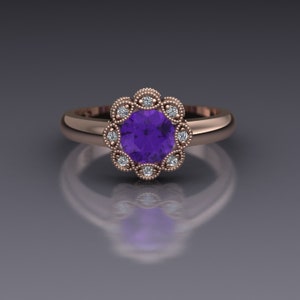 Amethyst and Diamond Flower Ring with Backset Bezel in 14k White Gold An Original Design by Charles Babb 14k Rose Gold