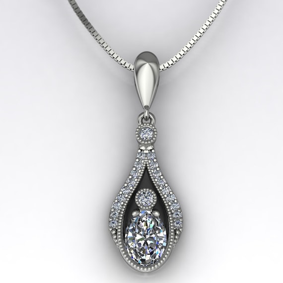 Oval Diamond Vintage Inspired Drop Pendant on 14k White Gold Box