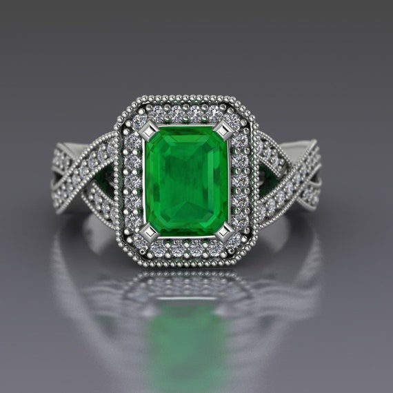 Emerald Engagement Ring Emerald Cut Diamond Halo - Etsy