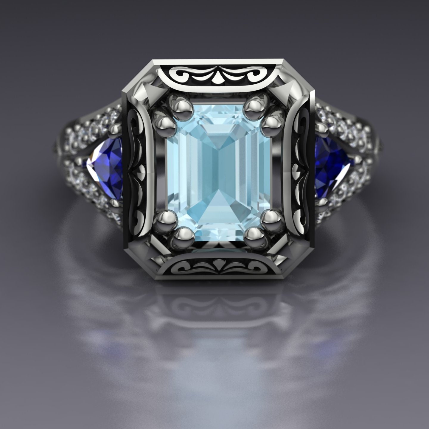 Emerald Cut Aquamarine and Blue White 14k Design Österreich in Charles by Trillions Split Babb Gold Sapphire Original Diamond An Shank Etsy Ring 