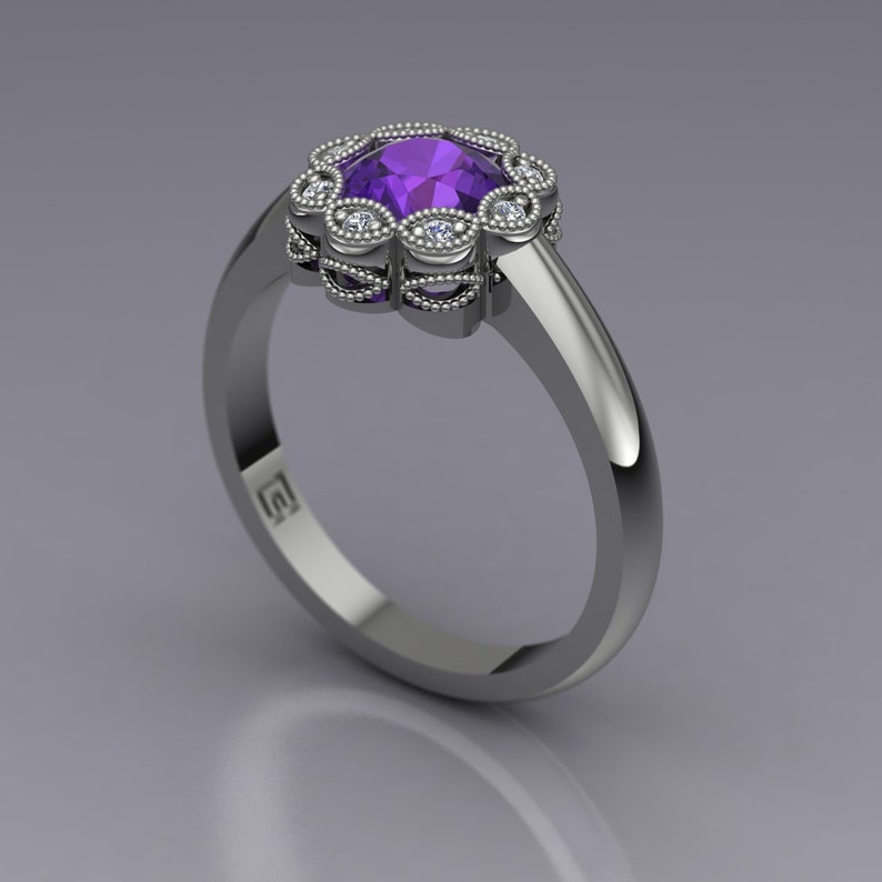 Amethyst and Diamond Flower Ring with Backset Bezel in 14k White Gold An Original Design by Charles Babb image 2