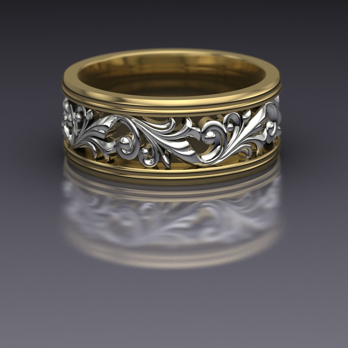 Two Tone Scroll Ladies Unisex Wedding Band or Anniversary Ring No