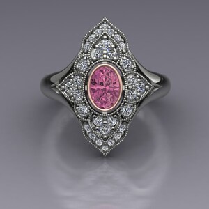 Oval Bezel Set Pink Tourmaline Vintage Inspired Two Tone Dinner Ring with Diamond Panels in 14k Gold - An Original Design by Charles Babb