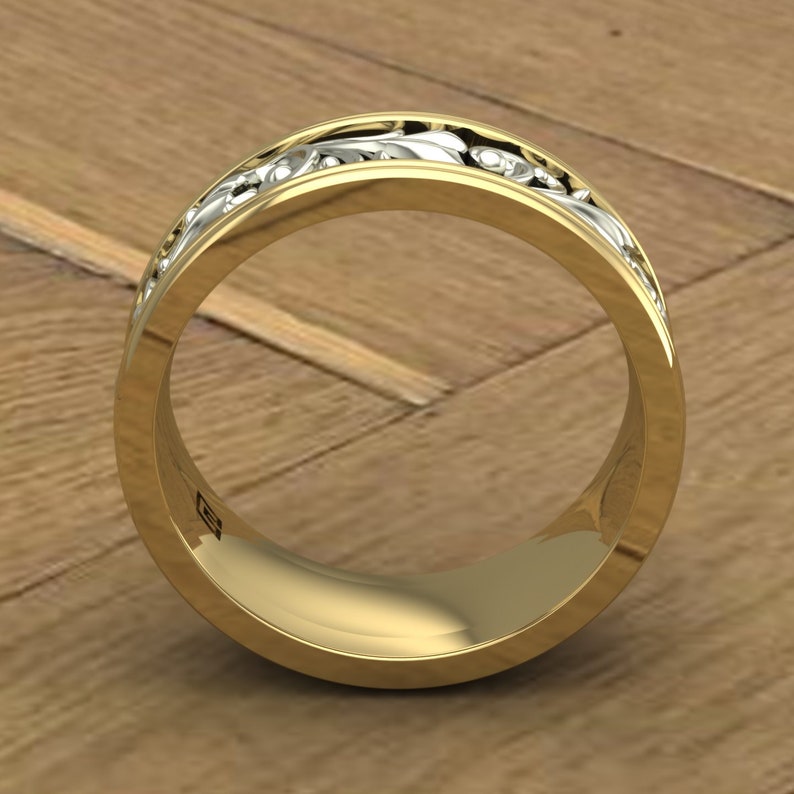 Wedding Band Two Tone Scroll Detail No Stones Gents Or Etsy