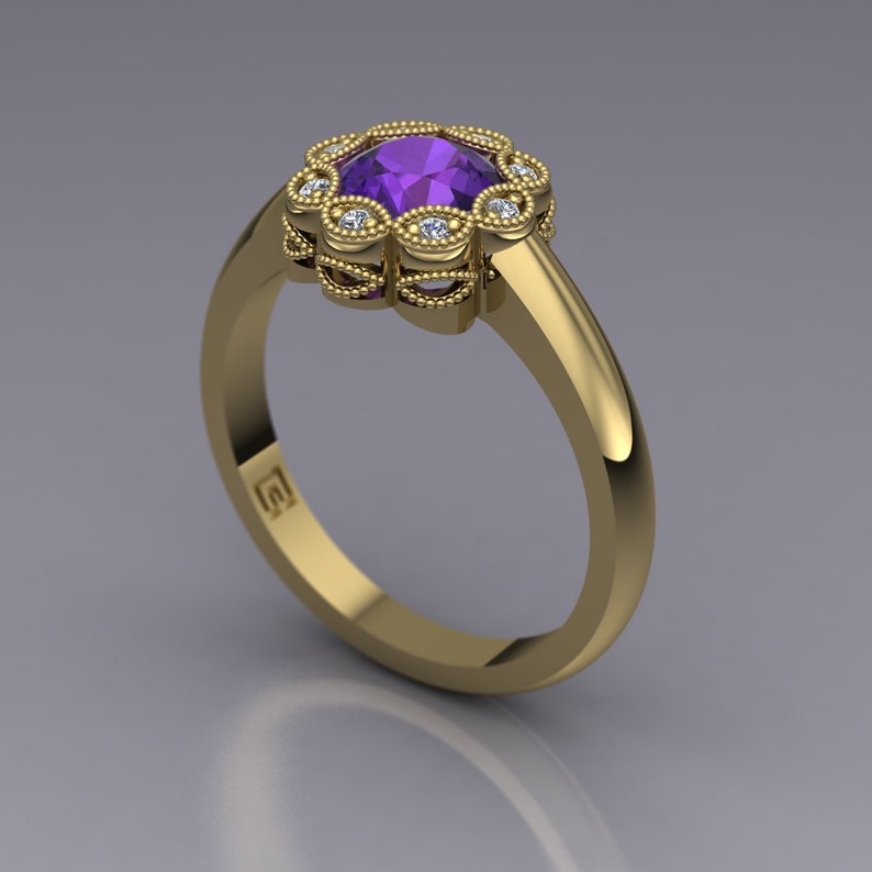 Amethyst and Diamond Flower Ring with Backset Bezel in 14k White Gold An Original Design by Charles Babb image 8