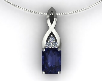 Emerald Cut Iolite and Diamond Trio Pendant with Infinity Bail on 14k White Gold Box Chain Necklace - An Original Design by Charles Babb