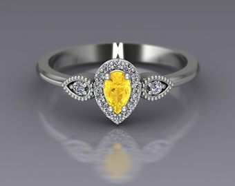 Pear Cut Citrine Petite Diamond Halo November Birthstone Ring in 14k White Gold - An Original Design by Charles Babb
