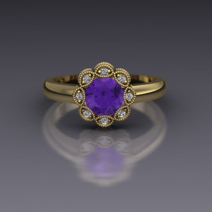 Amethyst and Diamond Flower Ring with Backset Bezel in 14k White Gold An Original Design by Charles Babb 14k Yellow Gold