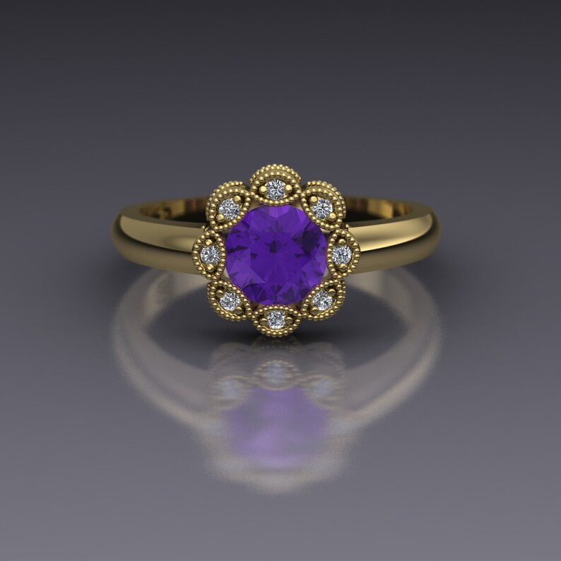 Amethyst and Diamond Flower Ring with Backset Bezel in 14k White Gold An Original Design by Charles Babb 14k Yellow Gold