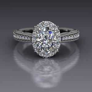 Oval Lab Diamond Halo Engagement Ring with Scallop Cutouts in 14k White Gold - An Original Design by Charles Babb