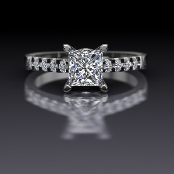 Bold Princess Cut Diamond Ring With Two Diamond Bands in 14k White Gold Engagement  Ring Setting - Diamond & Design