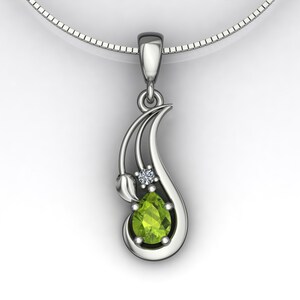 Pear Cut Peridot and Diamond Accent Swirl Drop Pendant with Leaf on 14k White Gold Box Chain Necklace - An Original Design by Charles Babb