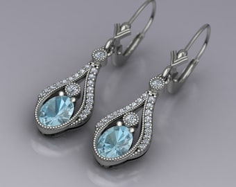 Oval Aquamarine and Diamond Vintage Inspired Drop Earrings on Lever Backs in 14k White Gold - An Original Design by Charles Babb