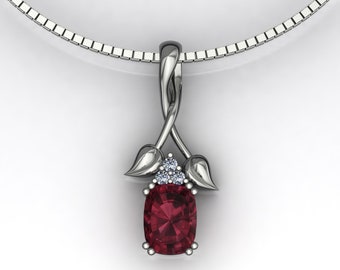 Antique Cushion Cut Rhodolite Garnet Crossover Bail Pendant with Vine and Leaves on 14k Gold Box Chain - An Original Design by Charles Babb