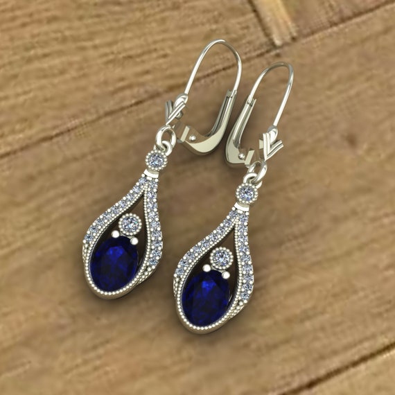 Blue Sapphire Gemstone Drop Earrings 