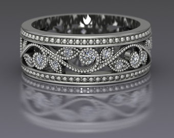 Floral Diamond Leaf and Vine Wedding Band or Anniversary Ring with Beaded Edge in 14k White Gold - An Original Design by Charles Babb