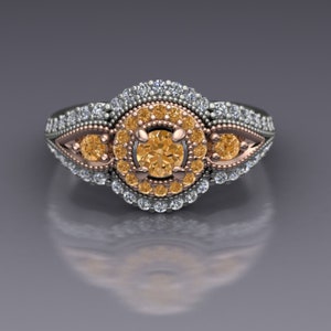 Cognac and White Diamond Vintage Inspired Engagement Ring in 14k Rose and White Gold Two Tone - An Original Design by Charles Babb