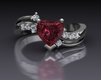 Rhodolite Garnet Ring - Heart with Diamonds - 14k White Gold - An Original Design by Charles Babb