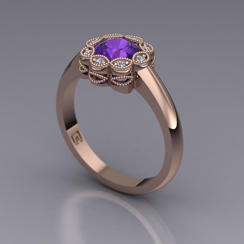 Amethyst and Diamond Flower Ring with Backset Bezel in 14k White Gold An Original Design by Charles Babb image 6