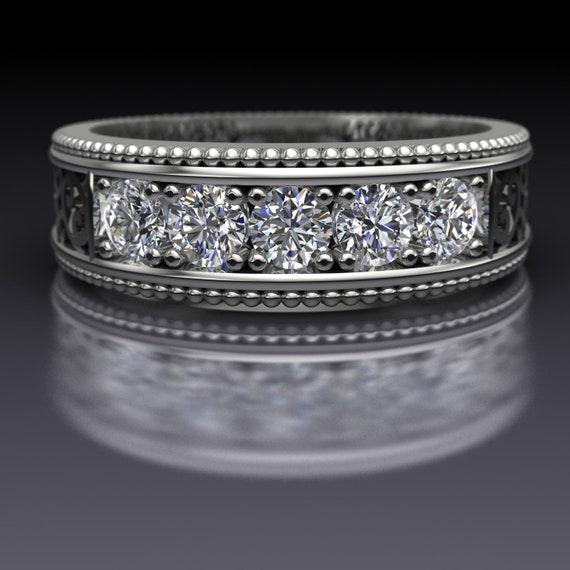 Five Stone One Carat Diamond Wedding Band With Scroll Detail for