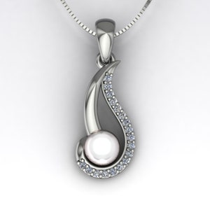 Cultured White Saltwater Pearl and Diamond Swirl Drop Pendant on 14k White Gold Box Chain Necklace - An Original Design by Charles Babb