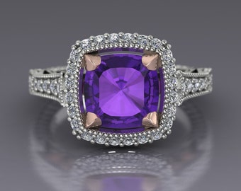 Antique Square Cushion Amethyst Two Tone Ring with Diamond Halo and Scrolls and Carving in 14k Gold  An Original Design by Charles Babb