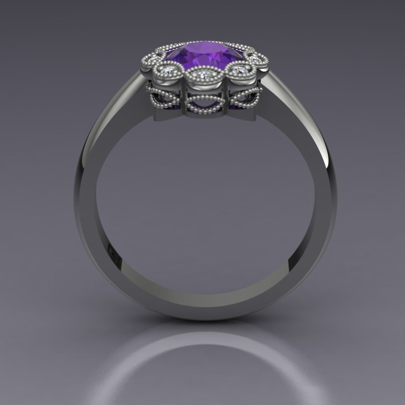 Amethyst and Diamond Flower Ring with Backset Bezel in 14k White Gold An Original Design by Charles Babb image 4