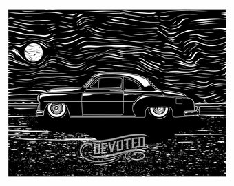 A Chevy Night- black n white poster starry automotive art