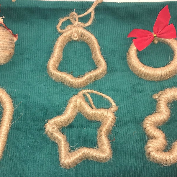 Vintage Handmade Jute Christmas Tree Ornaments Set Of 6 New