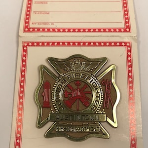 Vintage School Children Junior Firefighter Pinback Badge By Stoffel Seals New On Card 1990