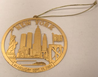Vintage Brass 911 Memorial New York Christmas Ornament September 11 2001 With Hanger Near Mint