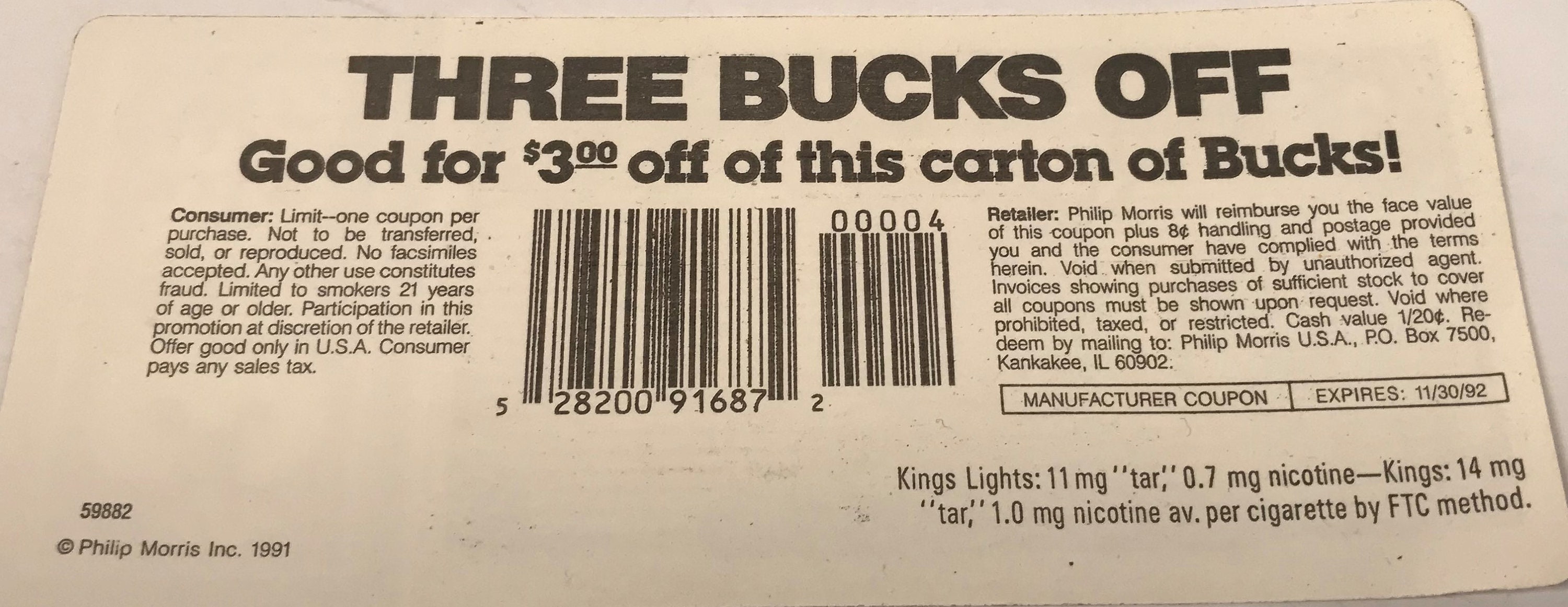 Vintage Bucks Cigarettes Money Look 3 Dollars Carton Coupon Near Mint Condition 1992