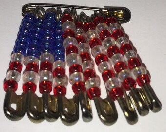 Vintage Handmade Beaded Safety Pin American Flag Lapel Pin 911 Commemorative Mint 2001