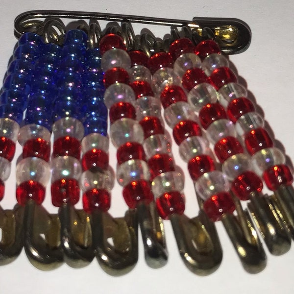 Vintage Handmade Beaded Safety Pin American Flag Lapel Pin 911 Commemorative Mint 2001