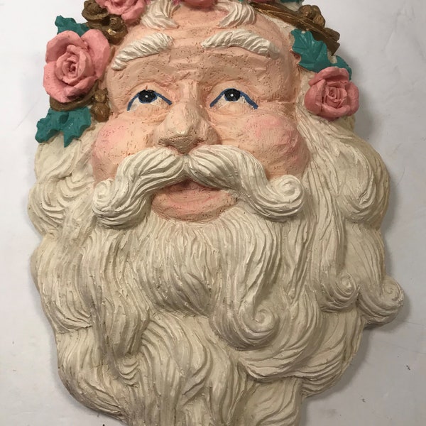 Vintage Hand Painted Plaster Of Paris Victorian Santa Face Wall Decoration 1980's Excellent Condition